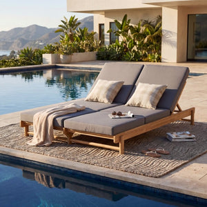 English Elm Light Teak Acacia Wood Outdoor Double Chaise Lounger for Patio Poolside Backyard Dark Grey N770PS380L26G