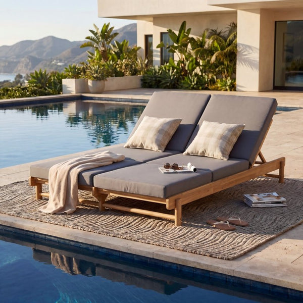 English Elm Light Teak Acacia Wood Outdoor Double Chaise Lounger for Patio Poolside Backyard Dark Grey N770PS380L26G