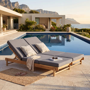English Elm Light Teak Acacia Wood Outdoor Double Chaise Lounger for Patio Poolside Backyard Dark Grey N770PS380L26G