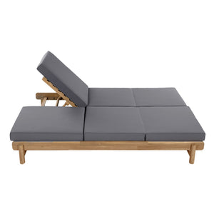 English Elm Light Teak Acacia Wood Outdoor Double Chaise Lounger for Patio Poolside Backyard Dark Grey N770PS380L26G