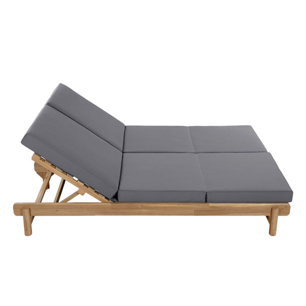 English Elm Light Teak Acacia Wood Outdoor Double Chaise Lounger for Patio Poolside Backyard Dark Grey N770PS380L26G