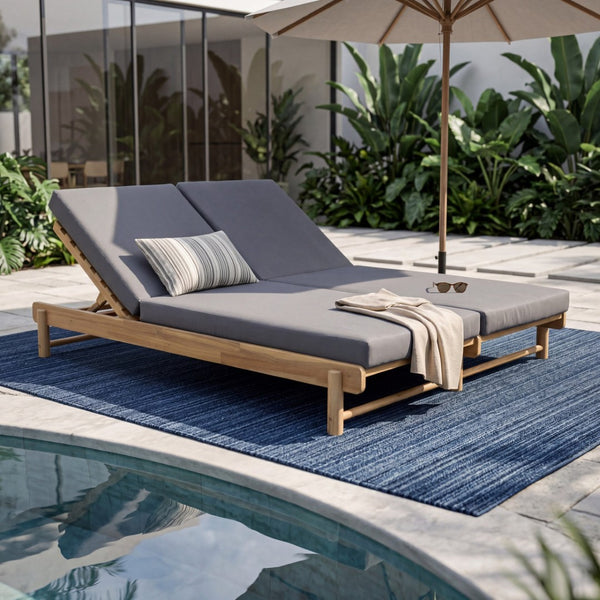 English Elm Light Teak Acacia Wood Outdoor Double Chaise Lounger with Adjustable Recline Poolside N770PS380L65429GRY
