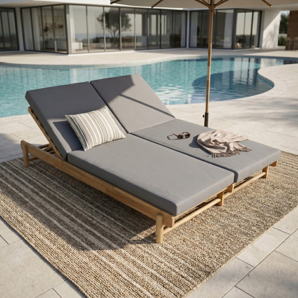 English Elm Light Teak Acacia Wood Outdoor Double Chaise Lounger with Adjustable Recline Poolside N770PS380L65429GRY