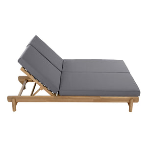 English Elm Light Teak Acacia Wood Outdoor Double Chaise Lounger with Adjustable Recline Poolside N770PS380L65429GRY
