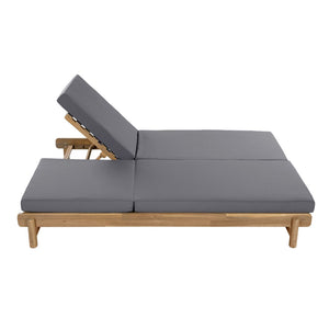 English Elm Light Teak Acacia Wood Outdoor Double Chaise Lounger with Adjustable Recline Poolside N770PS380L65429GRY