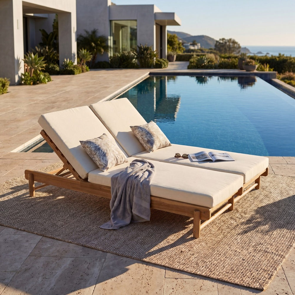 English Elm Light Teak Acacia Double Chaise Set with Cream Cushions for Poolside Patio Relaxation N770PS380L65429