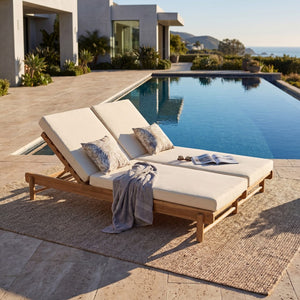 English Elm Light Teak Acacia Double Chaise Set with Cream Cushions for Poolside Patio Relaxation N770PS380L65429