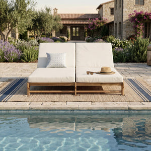English Elm Light Teak Acacia Double Chaise Set with Cream Cushions for Poolside Patio Relaxation N770PS380L65429