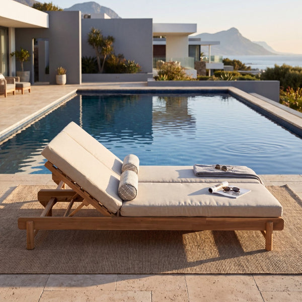 English Elm Light Teak Acacia Double Chaise Set with Cream Cushions for Poolside Patio Relaxation N770PS380L65429