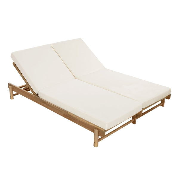 English Elm Light Teak Acacia Double Chaise Set with Cream Cushions for Poolside Patio Relaxation N770PS380L65429