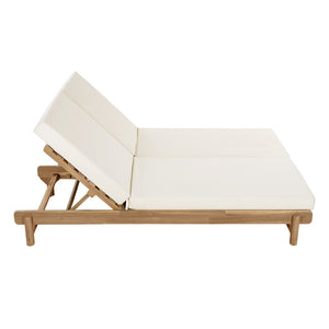 English Elm Light Teak Acacia Double Chaise Set with Cream Cushions for Poolside Patio Relaxation N770PS380L65429
