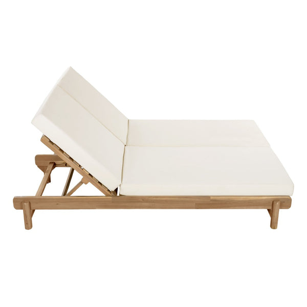 English Elm Light Teak Acacia Double Chaise Set with Cream Cushions for Poolside Patio Relaxation N770PS380L65429