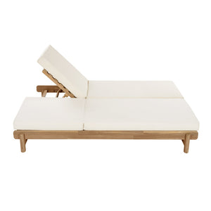 English Elm Light Teak Acacia Double Chaise Set with Cream Cushions for Poolside Patio Relaxation N770PS380L65429