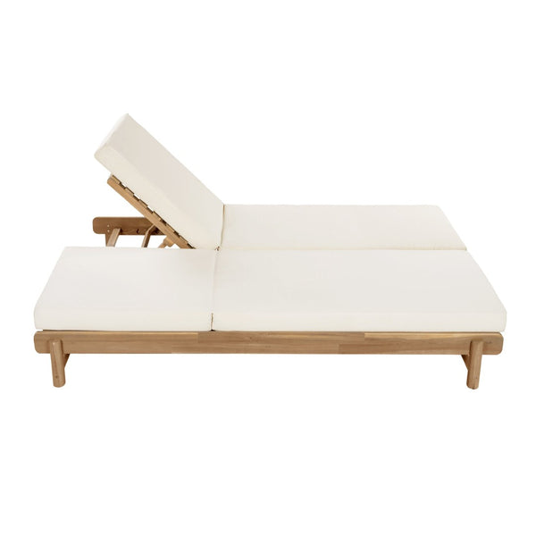 English Elm Light Teak Acacia Double Chaise Set with Cream Cushions for Poolside Patio Relaxation N770PS380L65429