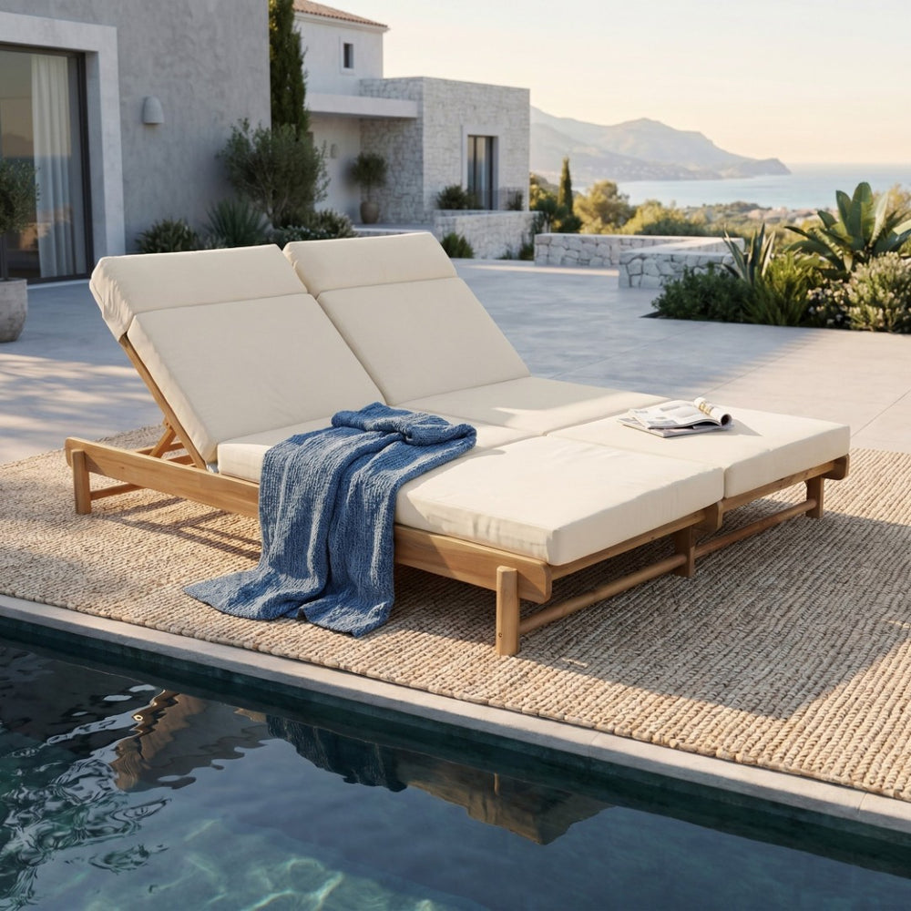 English Elm Light Teak Acacia Wood Outdoor Double Chaise Lounger with Adjustable Backrest Cushions Beige N770PS380L67B
