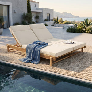 English Elm Light Teak Acacia Wood Outdoor Double Chaise Lounger with Adjustable Backrest Cushions Beige N770PS380L67B