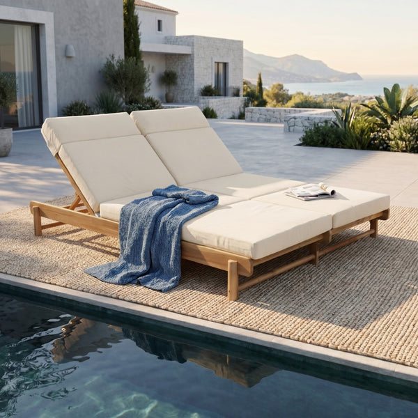 English Elm Light Teak Acacia Wood Outdoor Double Chaise Lounger with Adjustable Backrest Cushions Beige N770PS380L67B