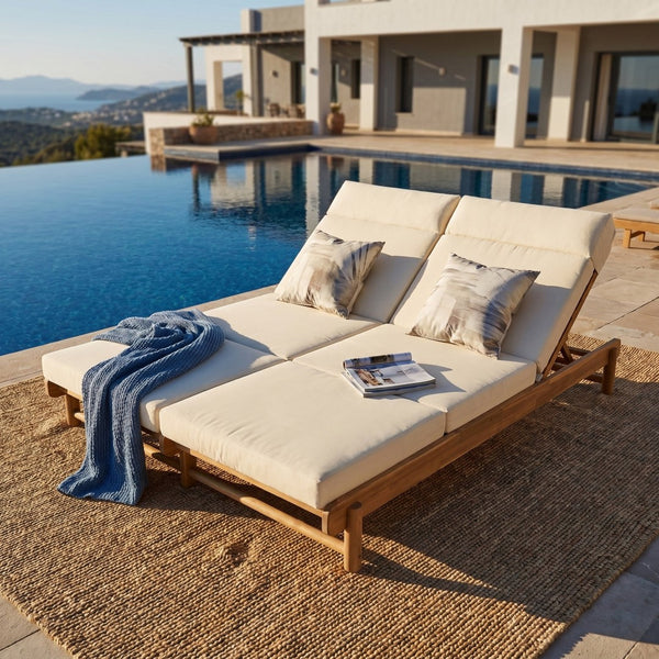 English Elm Light Teak Acacia Wood Outdoor Double Chaise Lounger with Adjustable Backrest Cushions Beige N770PS380L67B