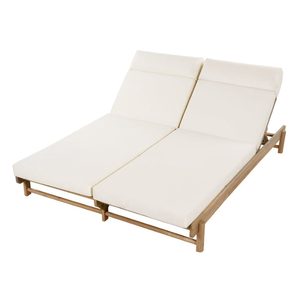 English Elm Light Teak Acacia Wood Outdoor Double Chaise Lounger with Adjustable Backrest Cushions Beige N770PS380L67B