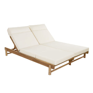 English Elm Light Teak Acacia Wood Outdoor Double Chaise Lounger with Adjustable Backrest Cushions Beige N770PS380L67B