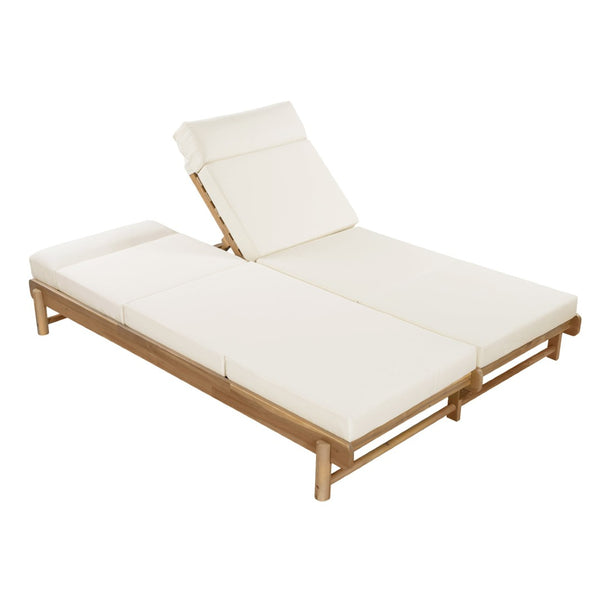 English Elm Light Teak Acacia Wood Outdoor Double Chaise Lounger with Adjustable Backrest Cushions Beige N770PS380L67B