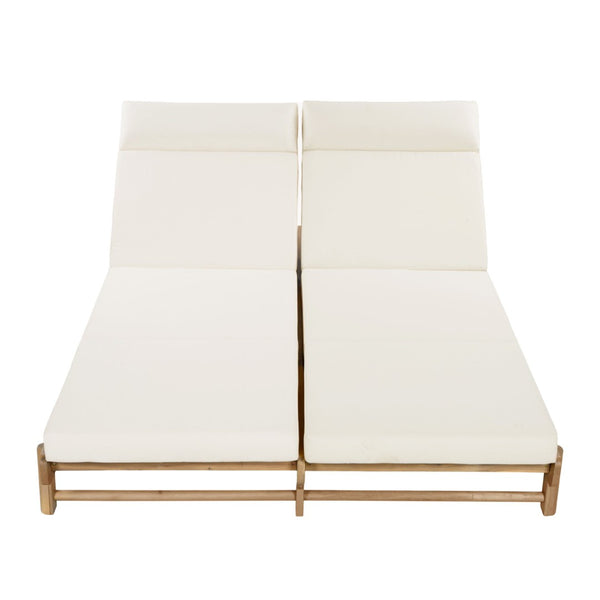 English Elm Light Teak Acacia Wood Outdoor Double Chaise Lounger with Adjustable Backrest Cushions Beige N770PS380L67B