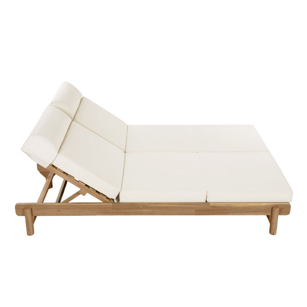 English Elm Light Teak Acacia Wood Outdoor Double Chaise Lounger with Adjustable Backrest Cushions Beige N770PS380L67B