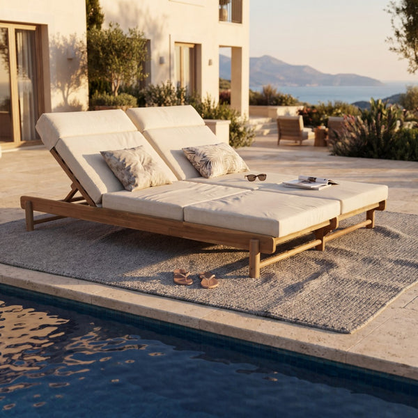 English Elm Light Teak Acacia Wood Outdoor Double Chaise Lounger with Adjustable Backrest Cushions Cream N770PS380L67C