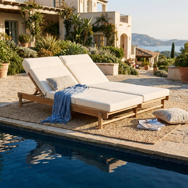 English Elm Light Teak Acacia Wood Outdoor Double Chaise Lounger with Adjustable Backrest Cushions Cream N770PS380L67C
