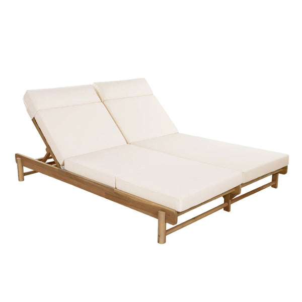 English Elm Light Teak Acacia Wood Outdoor Double Chaise Lounger with Adjustable Backrest Cushions Cream N770PS380L67C