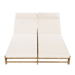 English Elm Light Teak Acacia Wood Outdoor Double Chaise Lounger with Adjustable Backrest Cushions Cream N770PS380L67C
