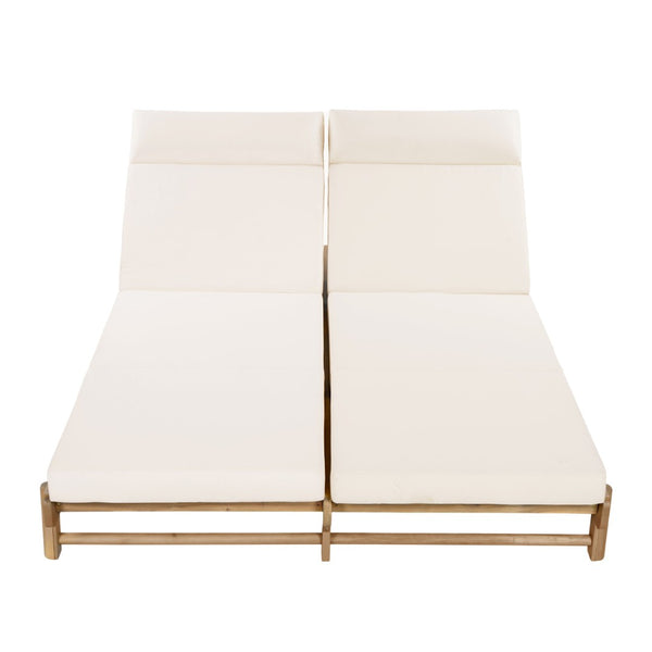 English Elm Light Teak Acacia Wood Outdoor Double Chaise Lounger with Adjustable Backrest Cushions Cream N770PS380L67C
