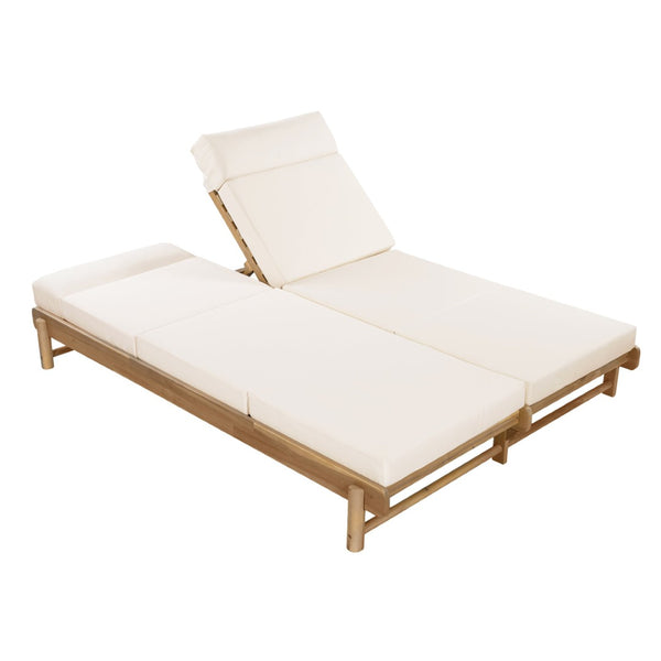 English Elm Light Teak Acacia Wood Outdoor Double Chaise Lounger with Adjustable Backrest Cushions Cream N770PS380L67C