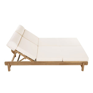 English Elm Light Teak Acacia Wood Outdoor Double Chaise Lounger with Adjustable Backrest Cushions Cream N770PS380L67C