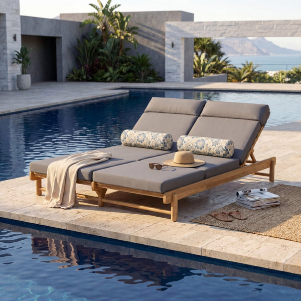 English Elm Light Teak Acacia Wood Outdoor Double Chaise Lounger with Adjustable Backrest Cushions Dark Grey N770PS380L67G