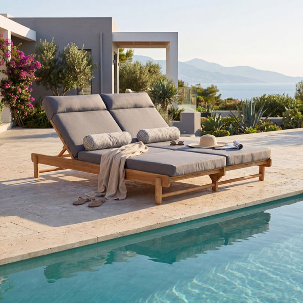 English Elm Light Teak Acacia Wood Outdoor Double Chaise Lounger with Adjustable Backrest Cushions Dark Grey N770PS380L67G