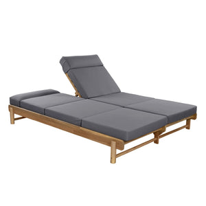 English Elm Light Teak Acacia Wood Outdoor Double Chaise Lounger with Adjustable Backrest Cushions Dark Grey N770PS380L67G