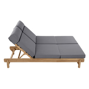 English Elm Light Teak Acacia Wood Outdoor Double Chaise Lounger with Adjustable Backrest Cushions Dark Grey N770PS380L67G