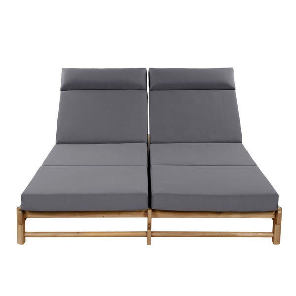 English Elm Light Teak Acacia Wood Outdoor Double Chaise Lounger with Adjustable Backrest Cushions Dark Grey N770PS380L67G