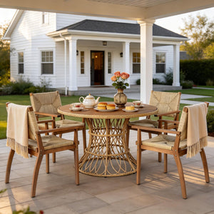 English Elm 5-piece Outdoor Acacia Wood Dining Set with Wicker Armchairs and Round Patio Table N770PS5345270T