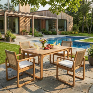 English Elm 5-piece Outdoor Acacia Wood Dining Set with Rope Back Chairs and Teak Finish Patio N770PS587L88L