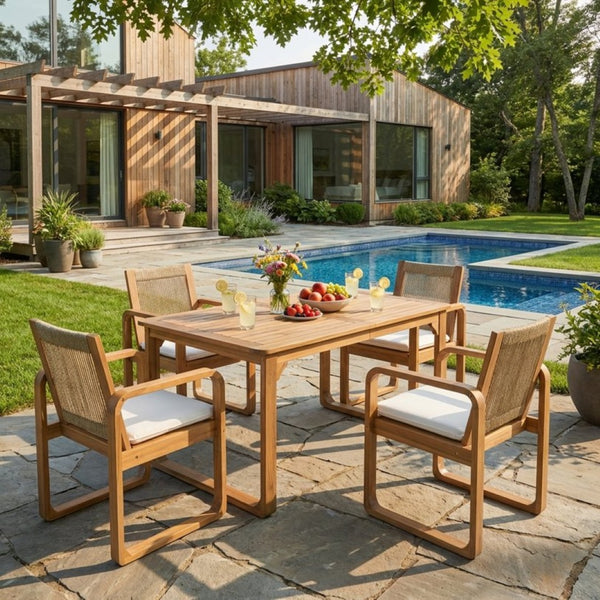 English Elm 5-piece Outdoor Acacia Wood Dining Set with Rope Back Chairs and Teak Finish Patio N770PS587L88L