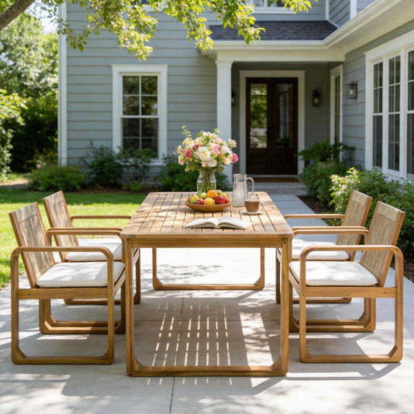English Elm 5-piece Outdoor Acacia Wood Dining Set with Rope Back Chairs and Teak Finish Patio N770PS587L88L