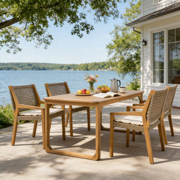 English Elm 5-piece Outdoor Acacia Wood Dining Set with Rope Back Chairs and Sculptural Curved Legs Beige Cushions N770PS597G88L