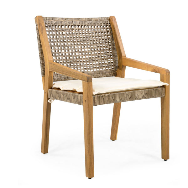 English Elm 5-piece Outdoor Acacia Wood Dining Set with Rope Back Chairs and Sculptural Curved Legs Beige Cushions N770PS597G88L