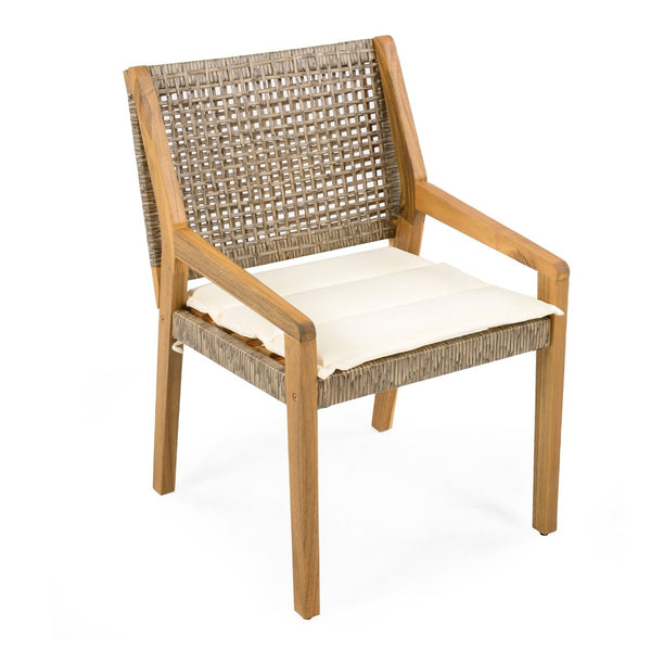 English Elm 5-piece Outdoor Acacia Wood Dining Set with Rope Back Chairs and Sculptural Curved Legs Beige Cushions N770PS597G88L
