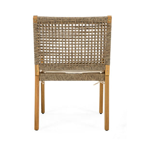 English Elm 5-piece Outdoor Acacia Wood Dining Set with Rope Back Chairs and Sculptural Curved Legs Beige Cushions N770PS597G88L