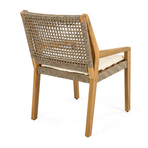 English Elm 5-piece Outdoor Acacia Wood Dining Set with Rope Back Chairs and Sculptural Curved Legs Beige Cushions N770PS597G88L