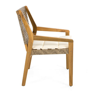 English Elm 5-piece Outdoor Acacia Wood Dining Set with Rope Back Chairs and Sculptural Curved Legs Beige Cushions N770PS597G88L