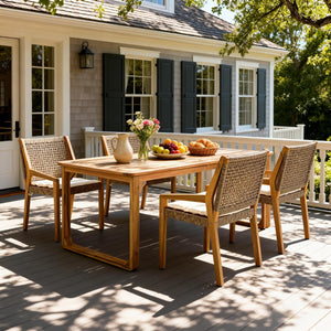English Elm 5-piece Outdoor Acacia Wood Dining Set with Rope Back Chairs and Sculptural Curved Legs Beige Cushions N770PS597G88L